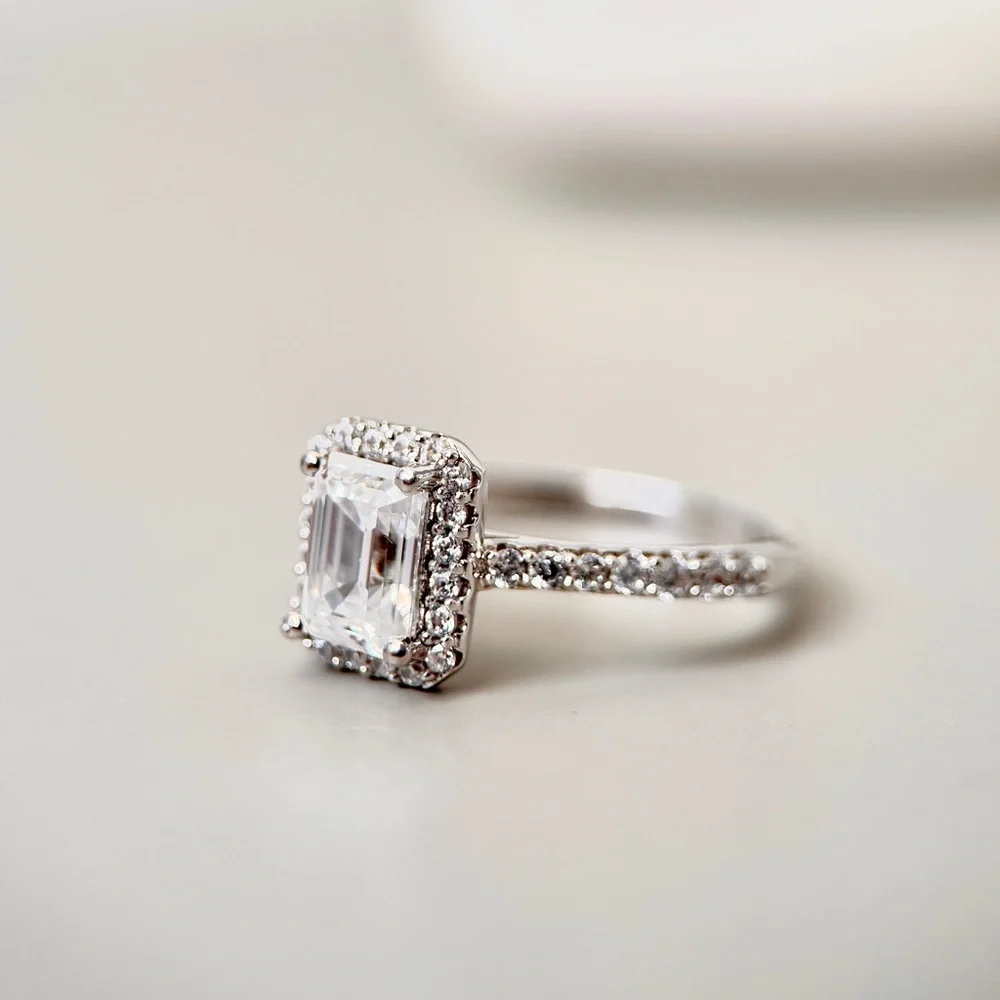 1.35ctw S925 Moissanite Emerald Cut Halo Engagement Ring 18K Gold Plate